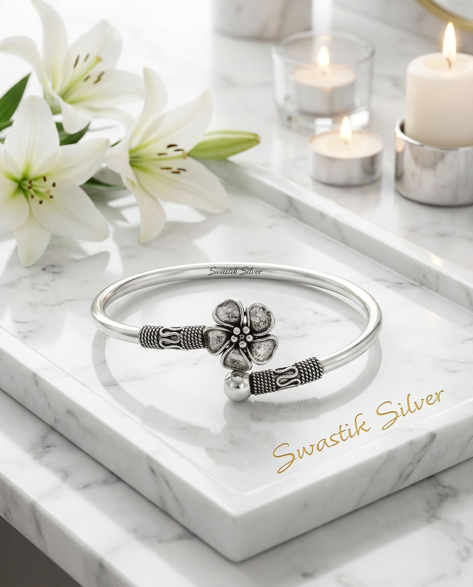 Frangipani Bloom Handcrafted Hollow Silver Cuff Bracelet view 3