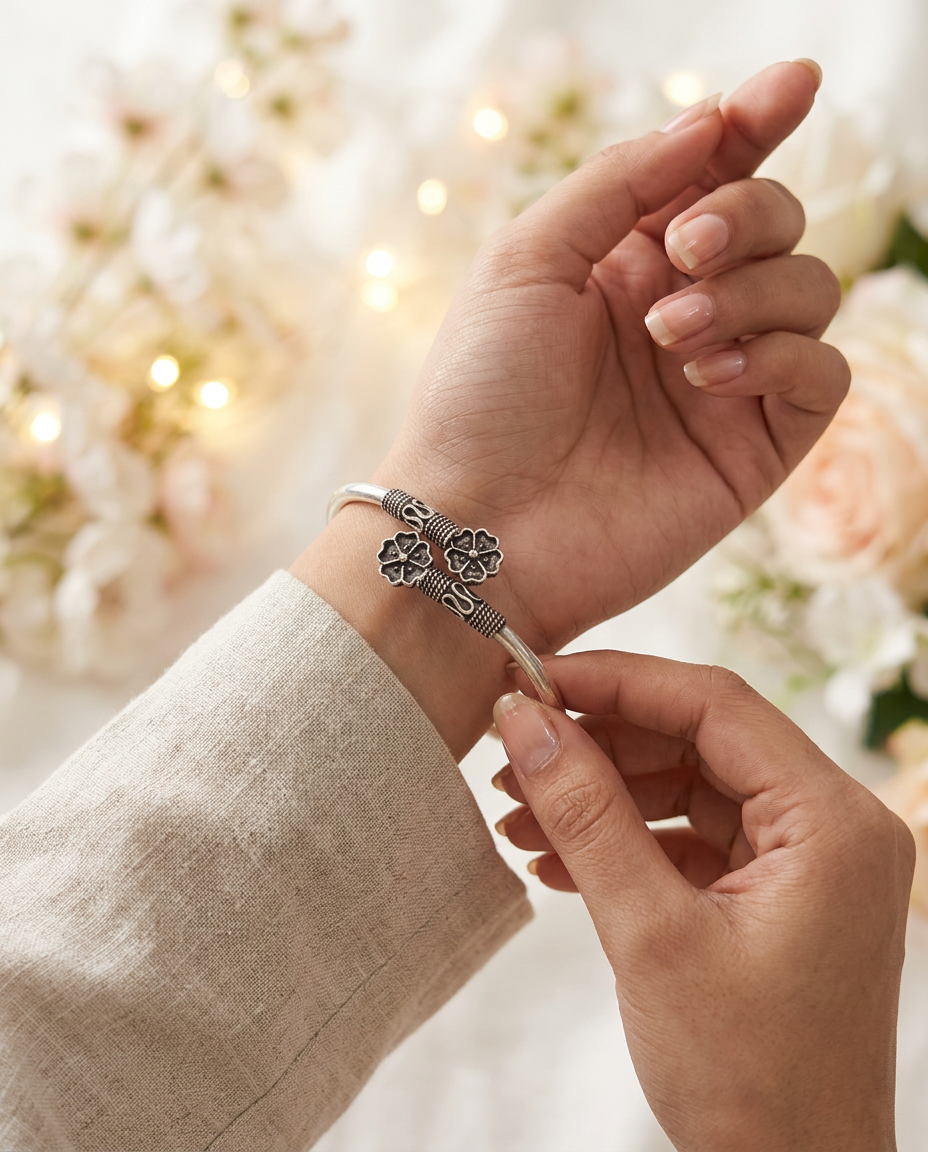 Non-Rhodium Dual Cherry Blossom Open Bracelet view 2