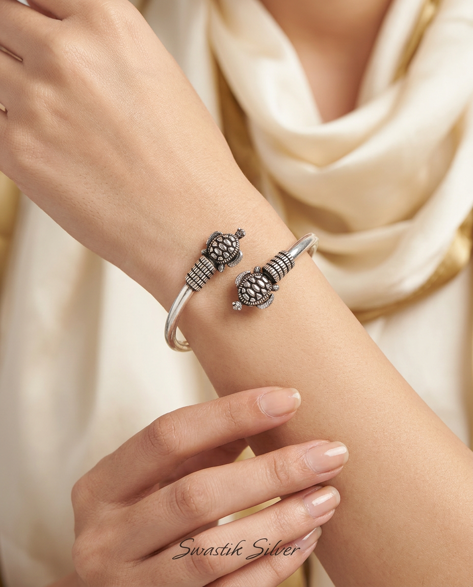 Divine Kurma Twin Tortoise Silver Cuff Bracelet view 3