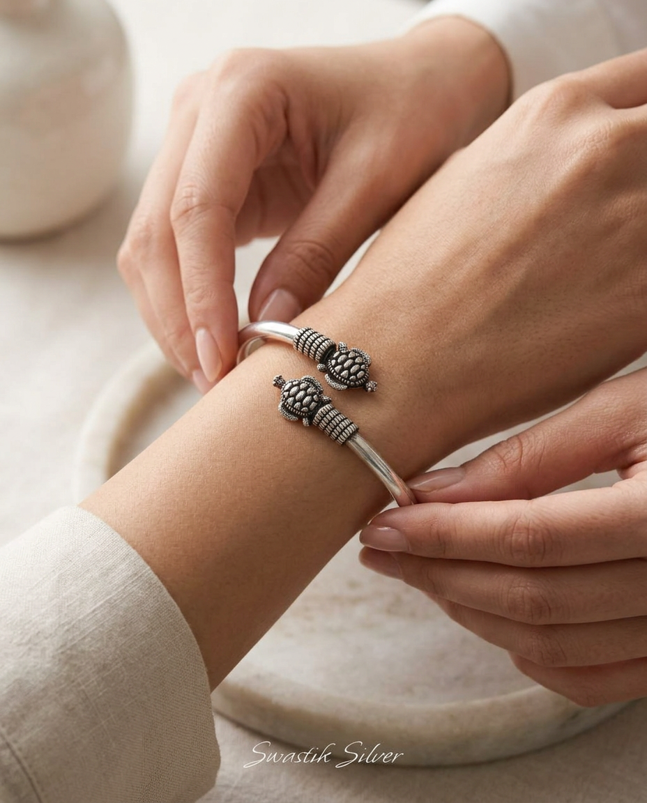 Divine Kurma Twin Tortoise Silver Cuff Bracelet view 2