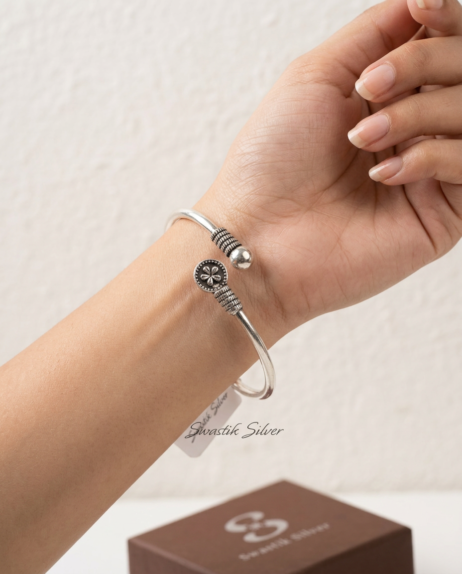 The Vintage Blossom Coin Handcrafted Silver Bypass Cuff view 2