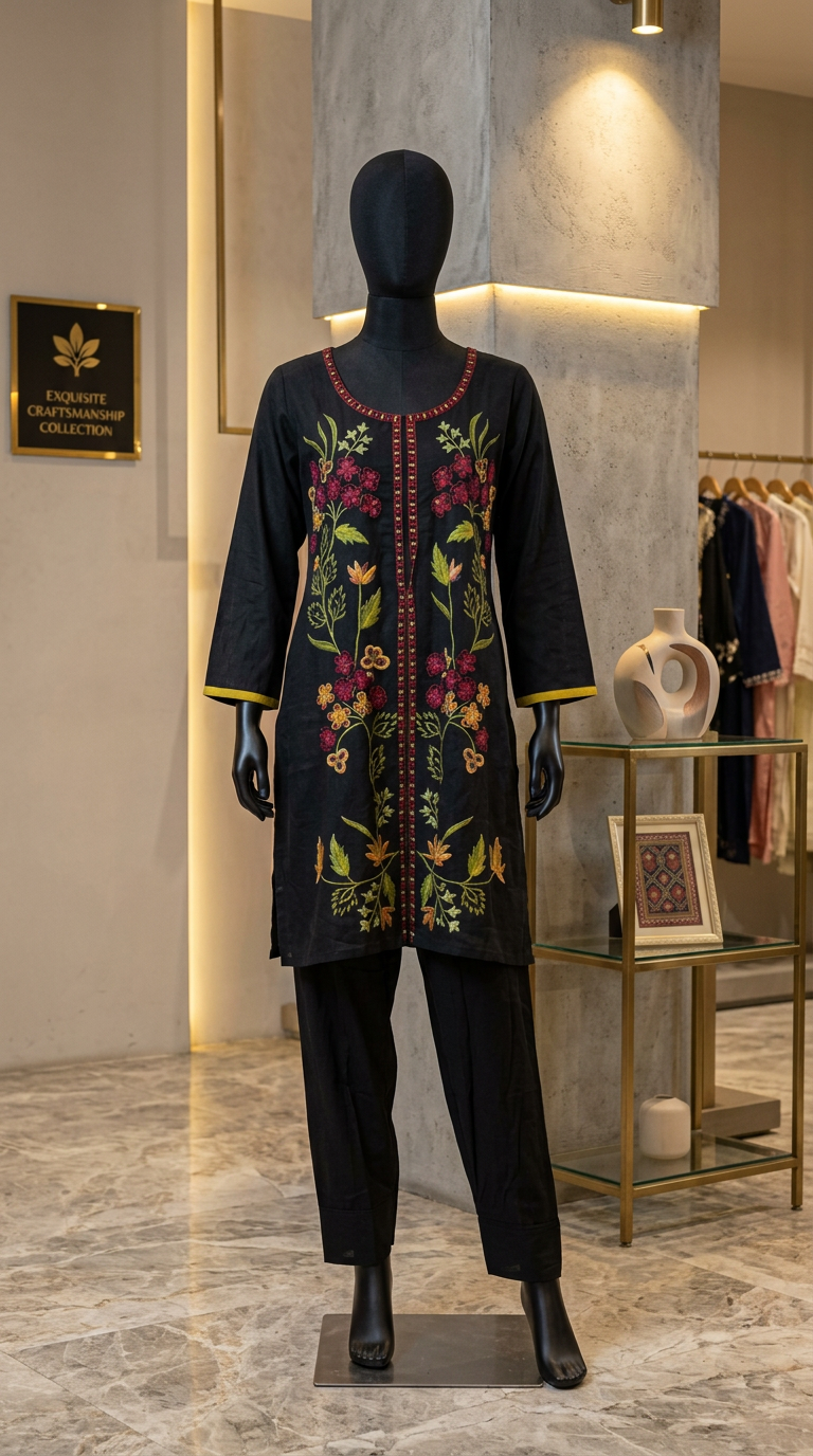 Embroidered Black Kurta Set