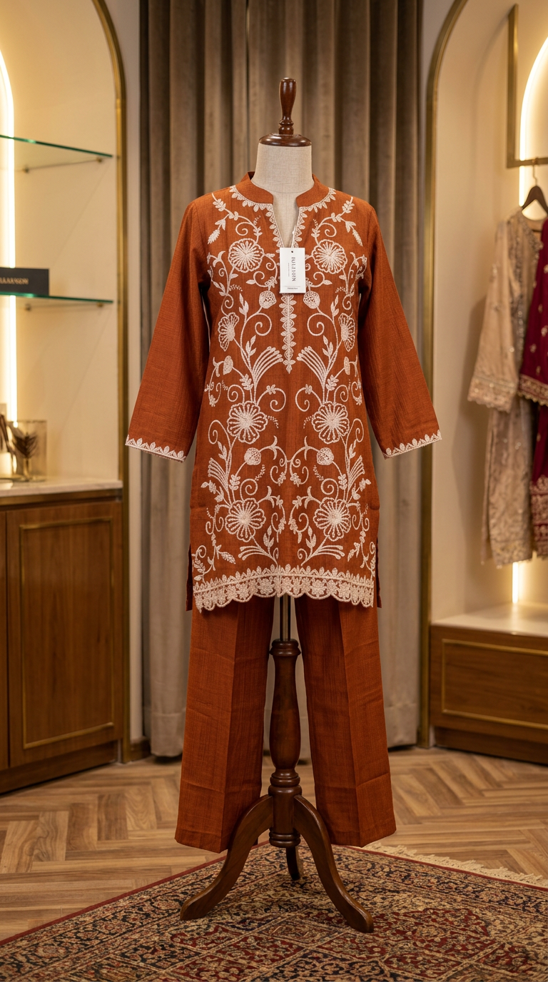 Embroidered Ethnic Cord Set Rust
