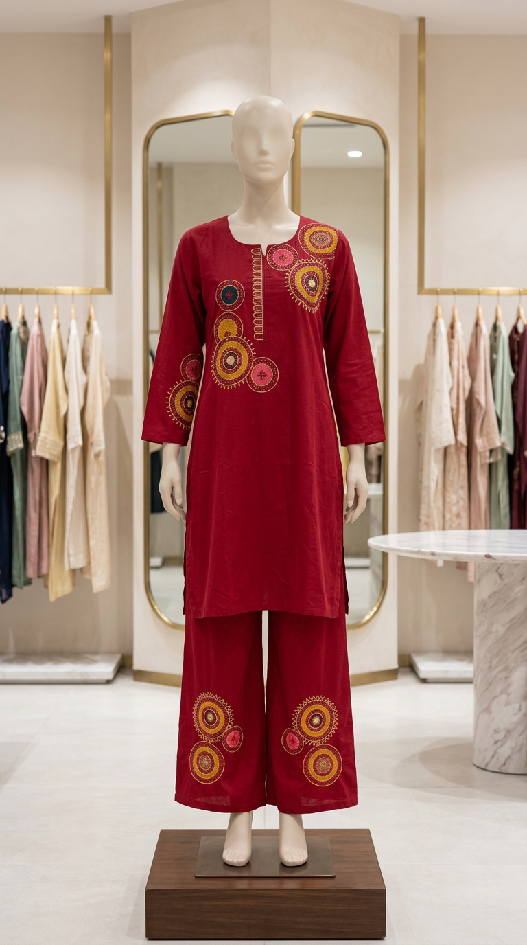 Embroidered Ethnic Cord Set Red