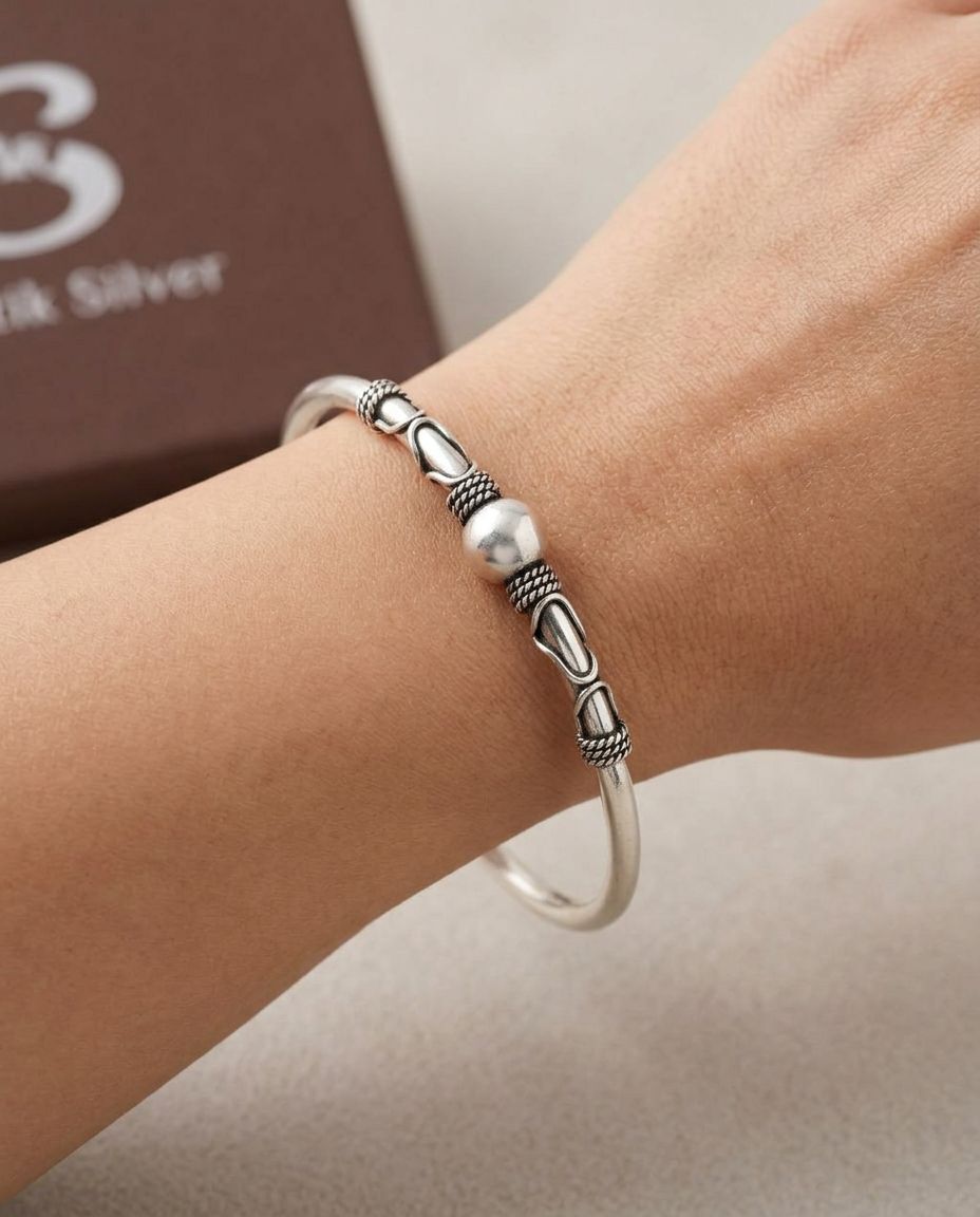 Solitary Orb Handcrafted Silver Openable Kada Bracelet view 2