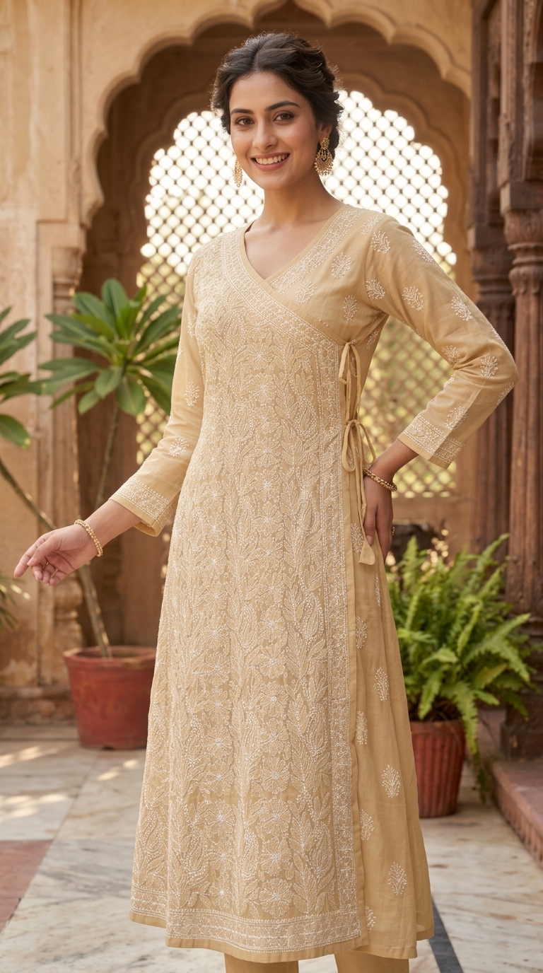 Beige Chikan Embroidered Kurta
