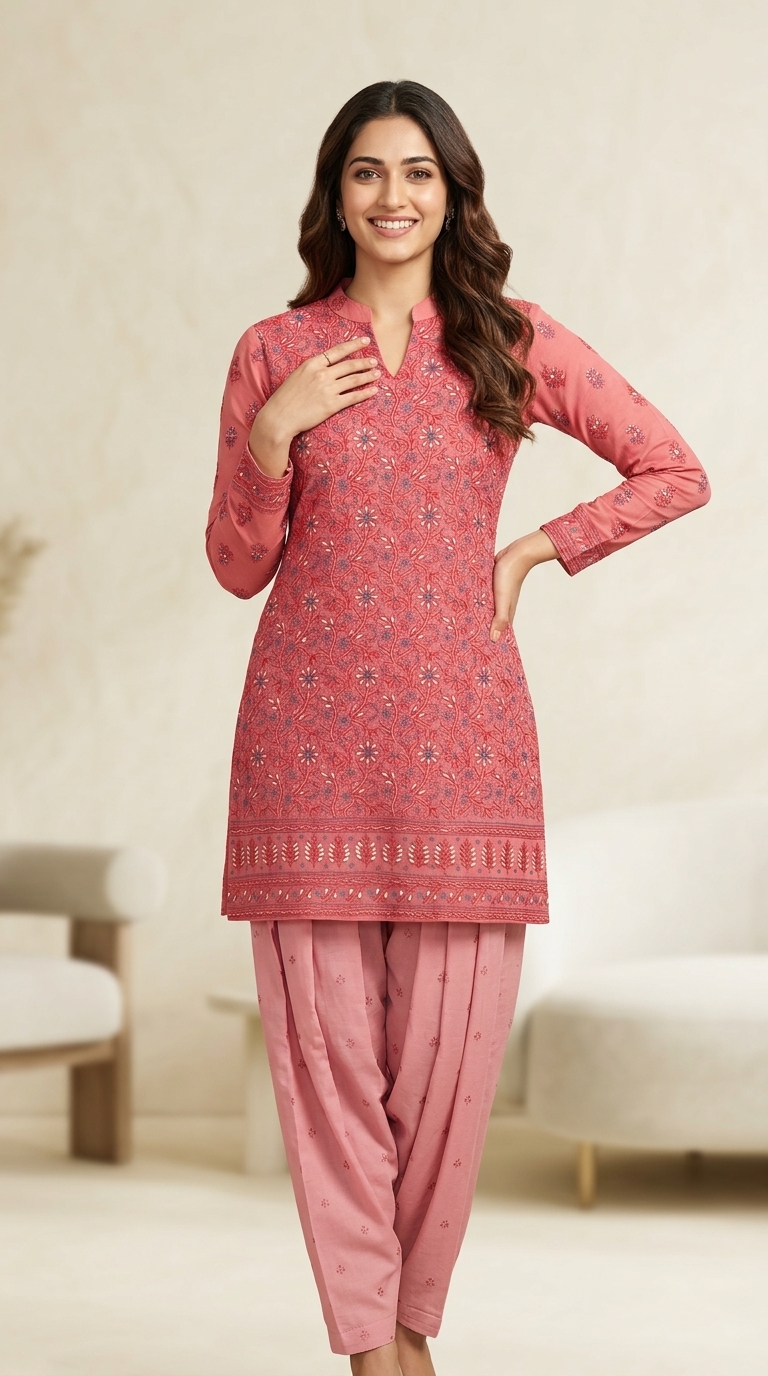 Pink Chikan Embroidered Dupatta