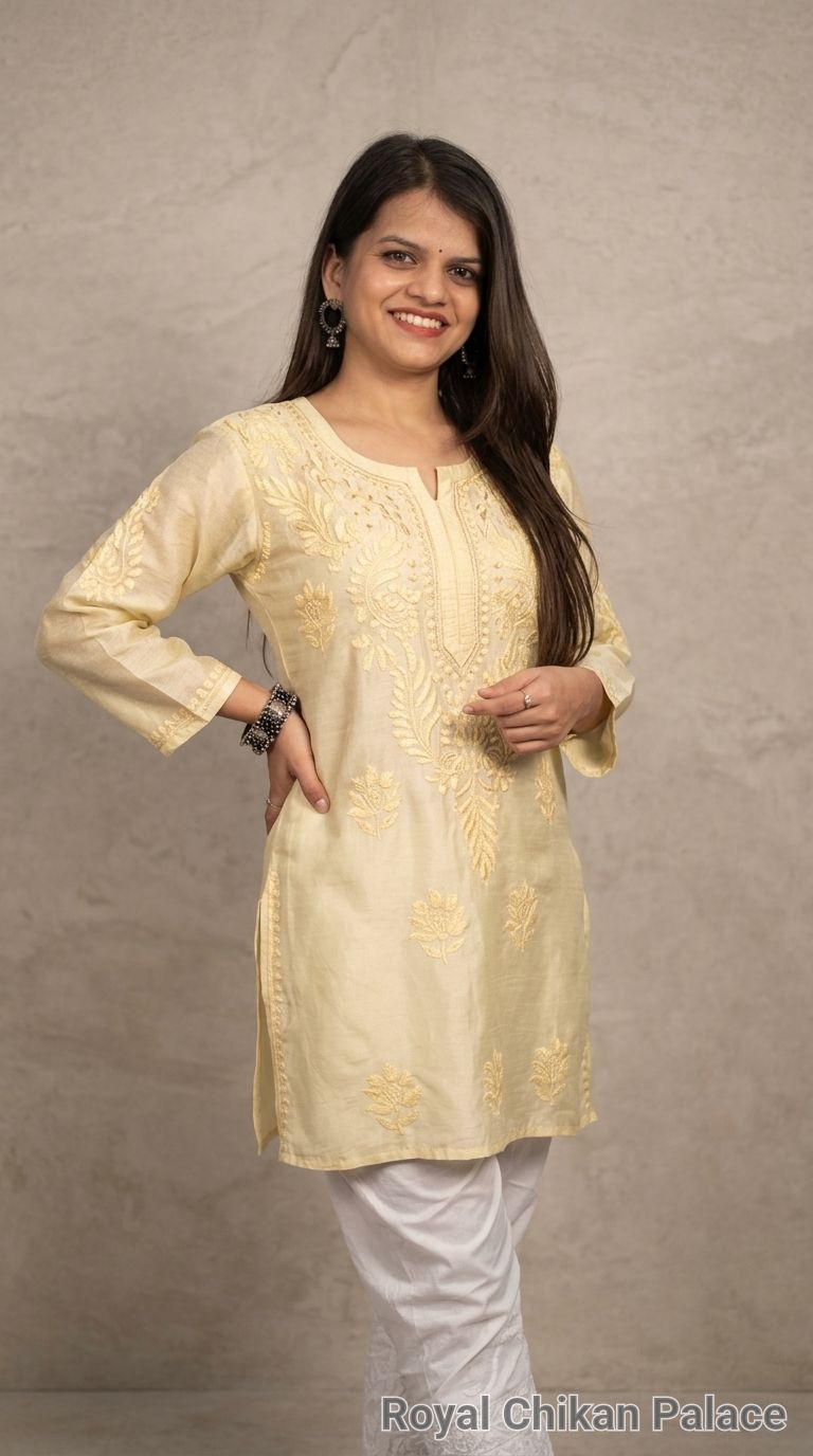 Lucknow Chikankaari Hand Embroidered Chanderi Short Top