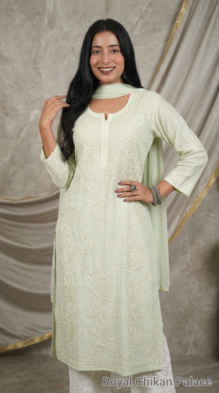 Lucknow Chikankari Hand Embroidered Chanderi Set