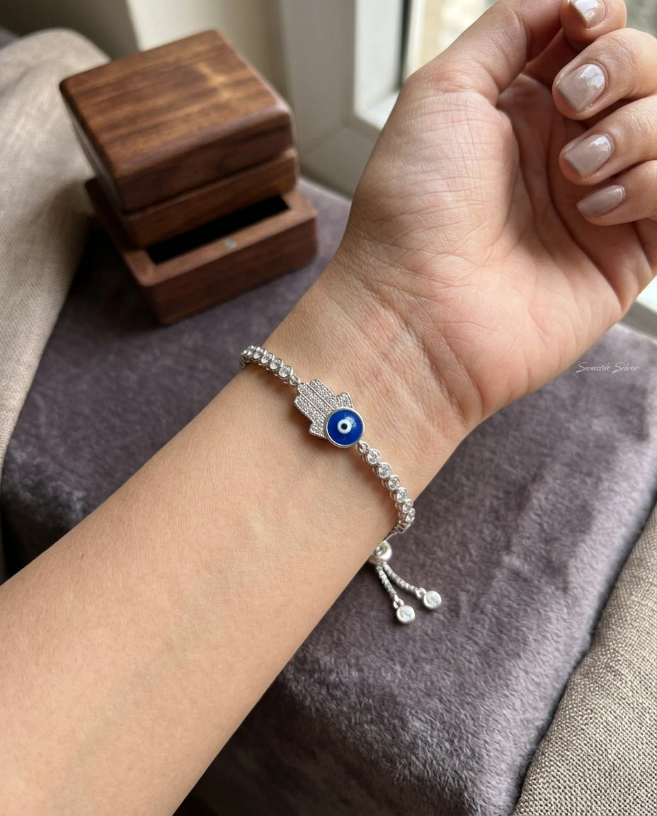 Divine Hamsa & Evil Eye Pavé Silver Bolo Bracelet view 3