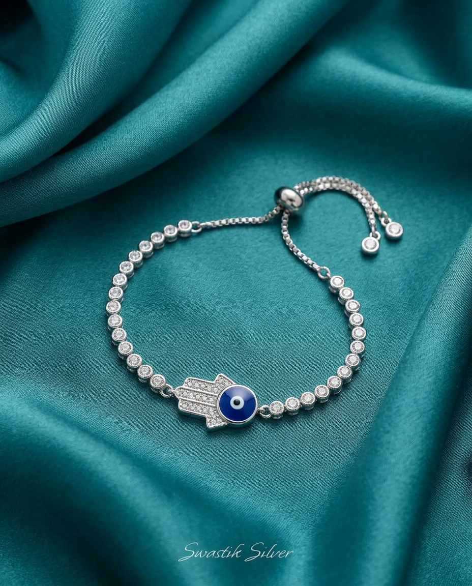 Divine Hamsa & Evil Eye Pavé Silver Bolo Bracelet