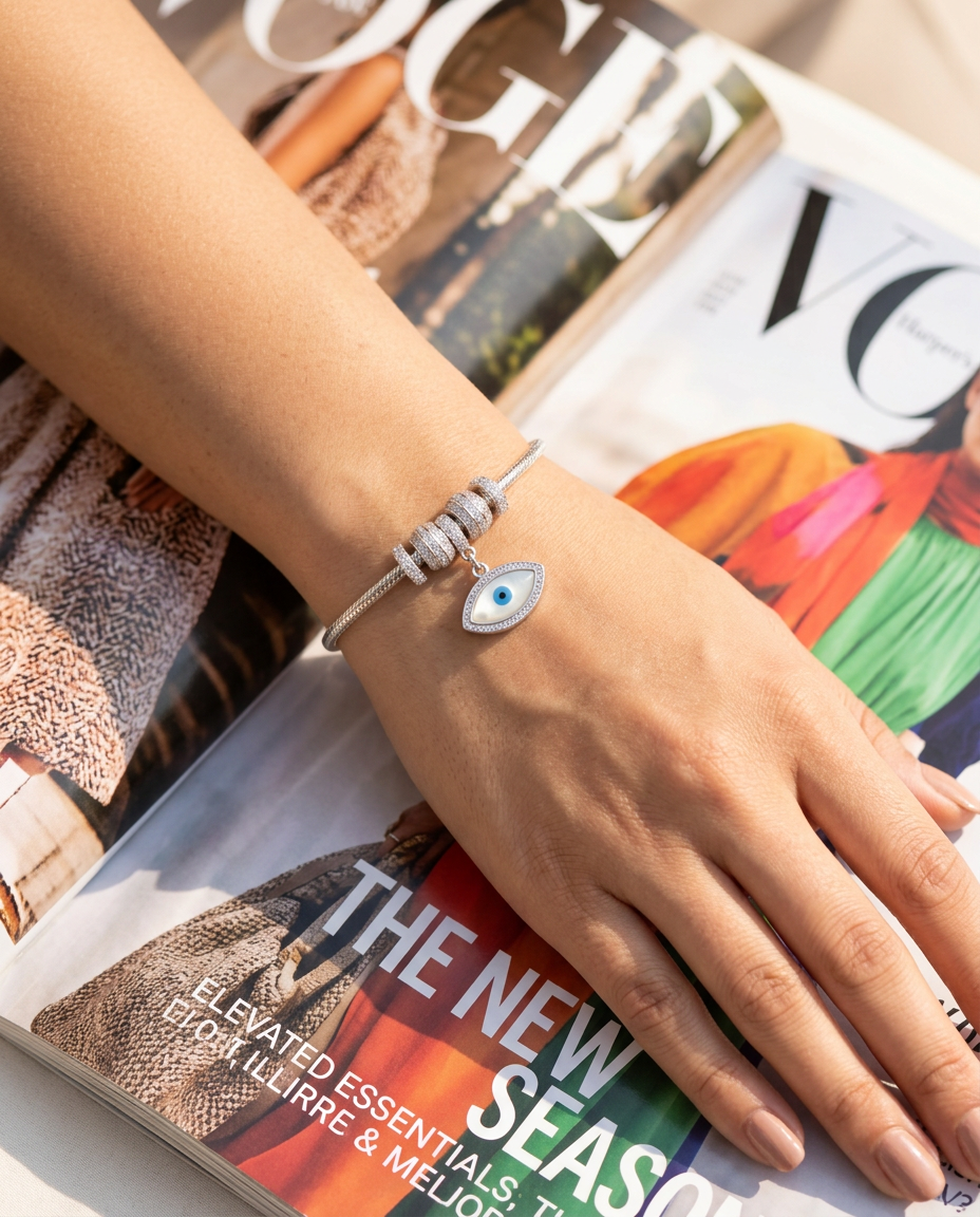 The Nazar Mother of Pearl Evil Eye Silver Charm Bracelet view 5