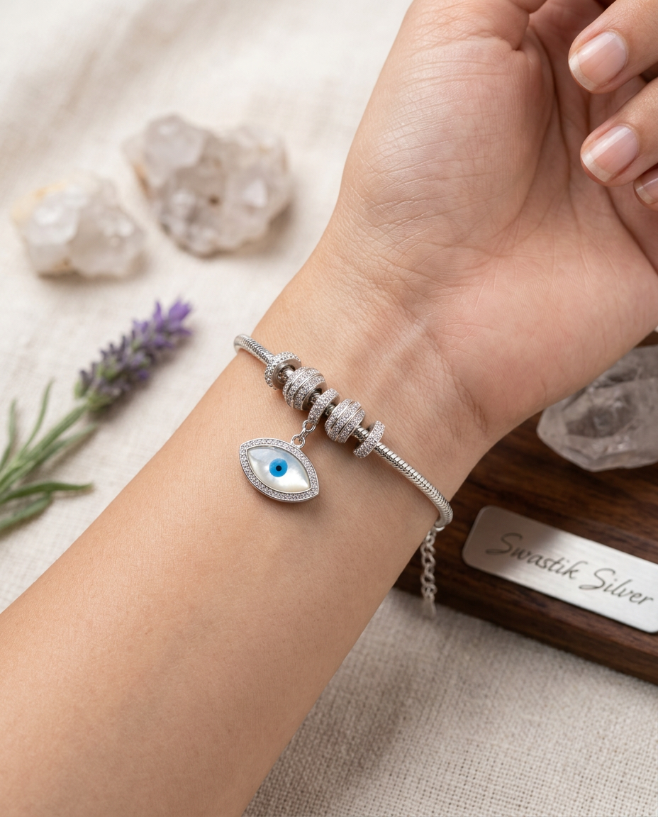 The Nazar Mother of Pearl Evil Eye Silver Charm Bracelet view 2