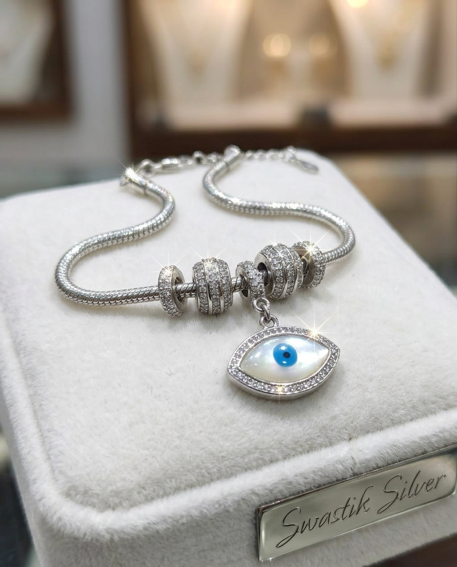 The Nazar Mother of Pearl Evil Eye Silver Charm Bracelet view 4