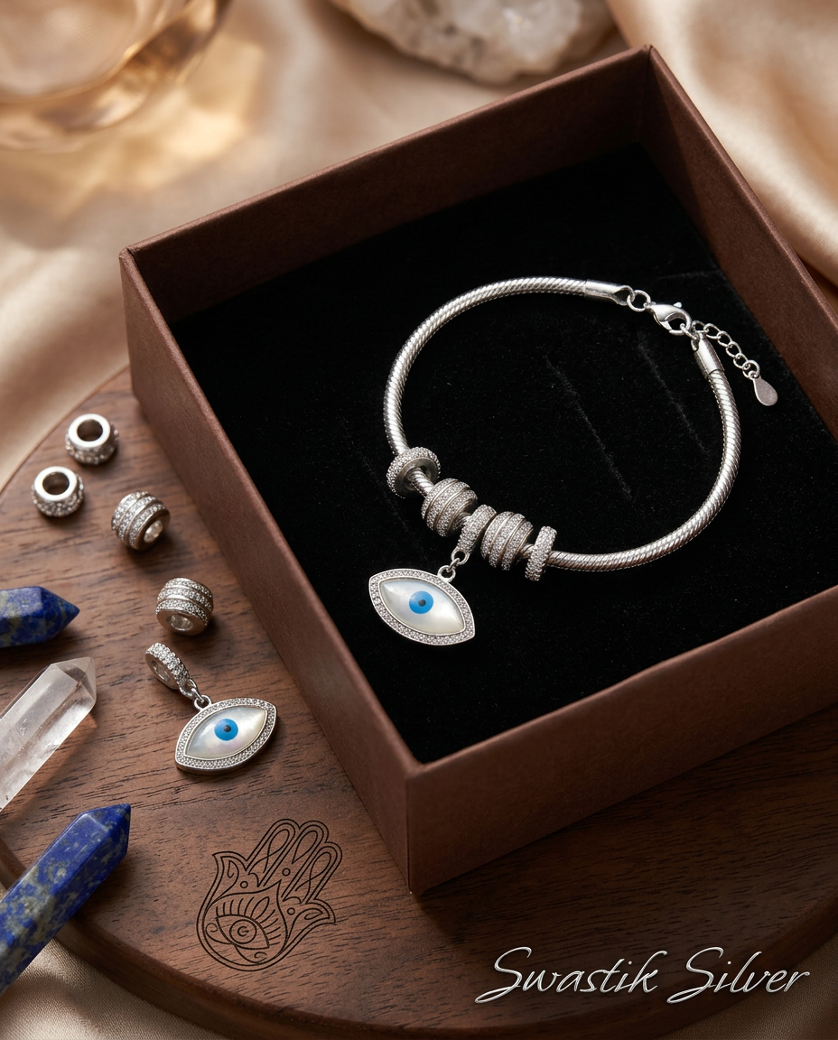 The Nazar Mother of Pearl Evil Eye Silver Charm Bracelet view 3