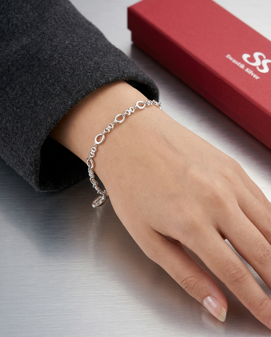 Amora Heart & Oval Link Silver Bracelet view 4