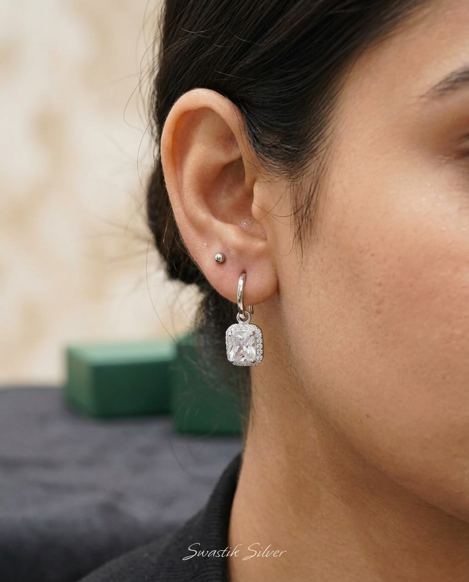 Emerald Cut Crystal Halo Drop Huggies view 2