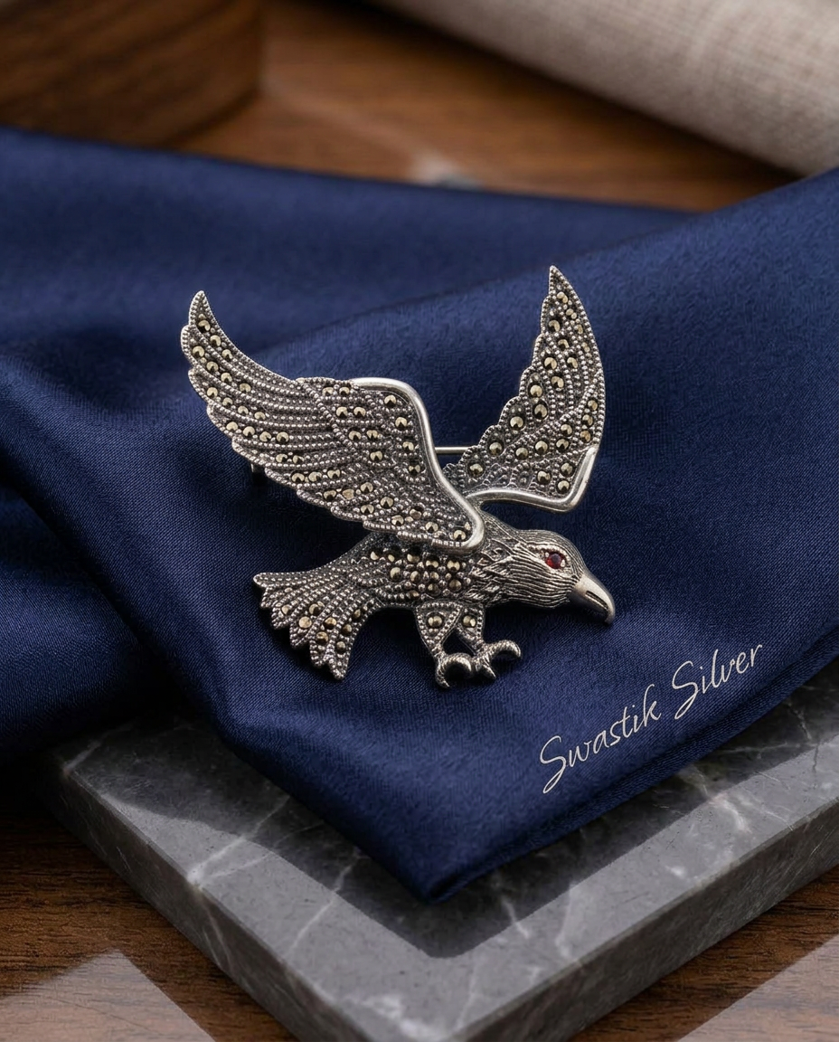 Flying Eagle Falcon Marcasite Brooch Pin view 5