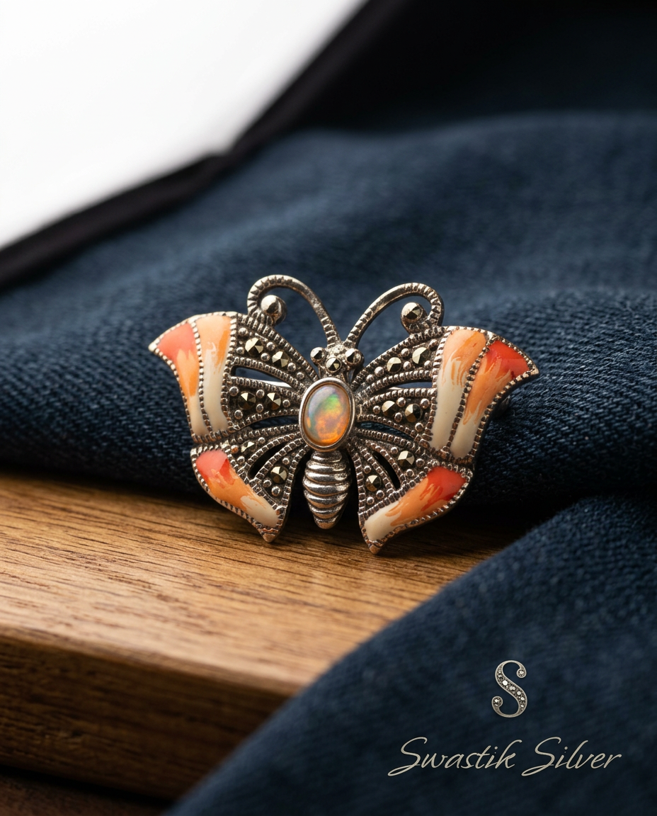 The Monarch Butterfly Enamel & Marcasite Silver Brooch view 4