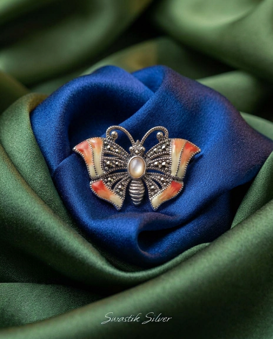 The Monarch Butterfly Enamel & Marcasite Silver Brooch