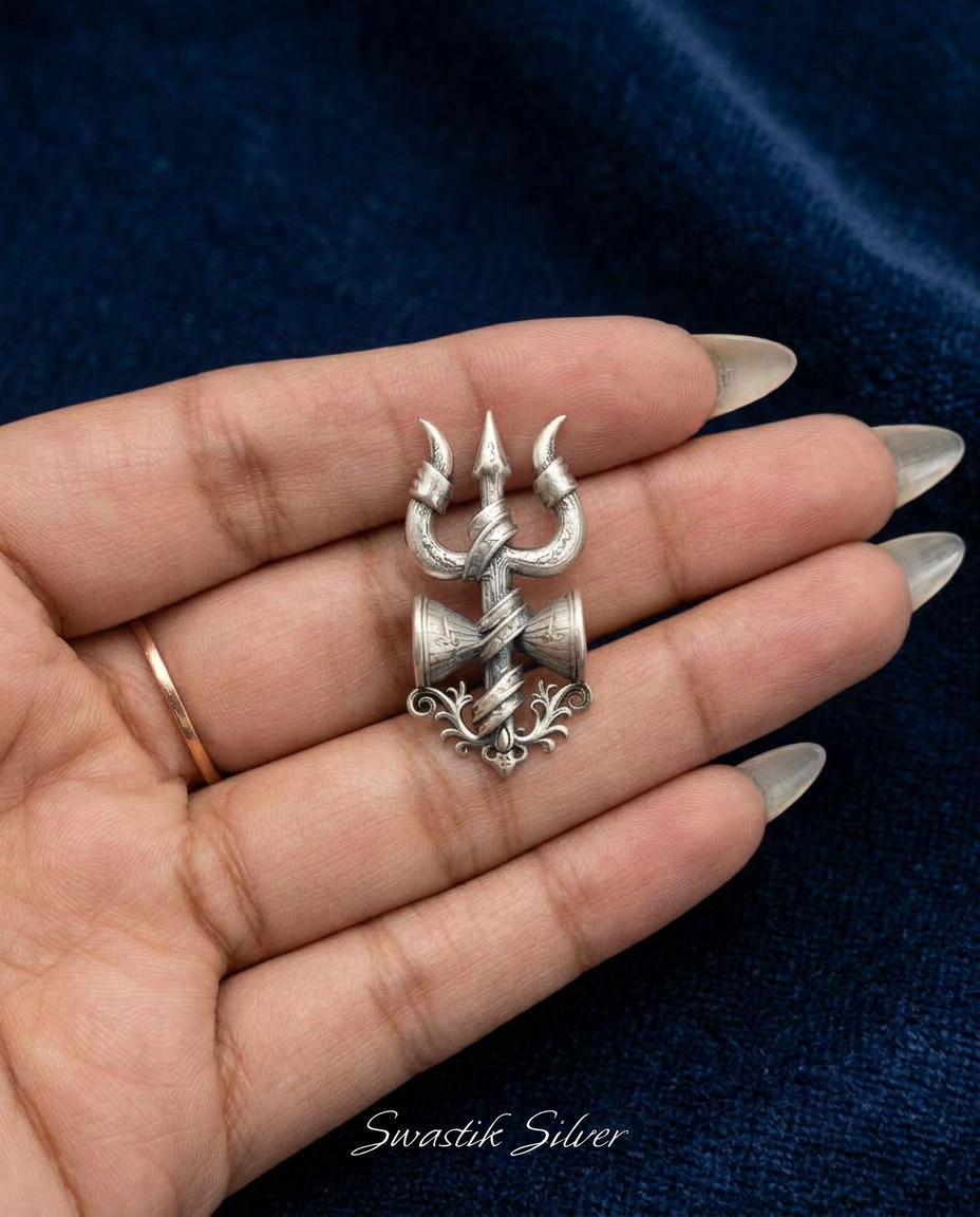 Shiva Power Trishul Damru Oxidized Brooch view 3