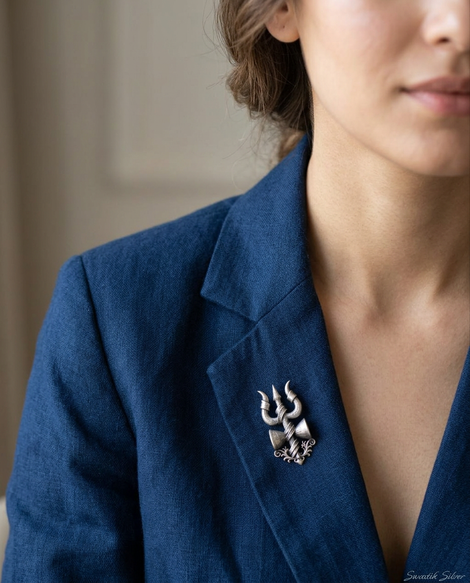 Shiva Power Trishul Damru Oxidized Brooch view 2