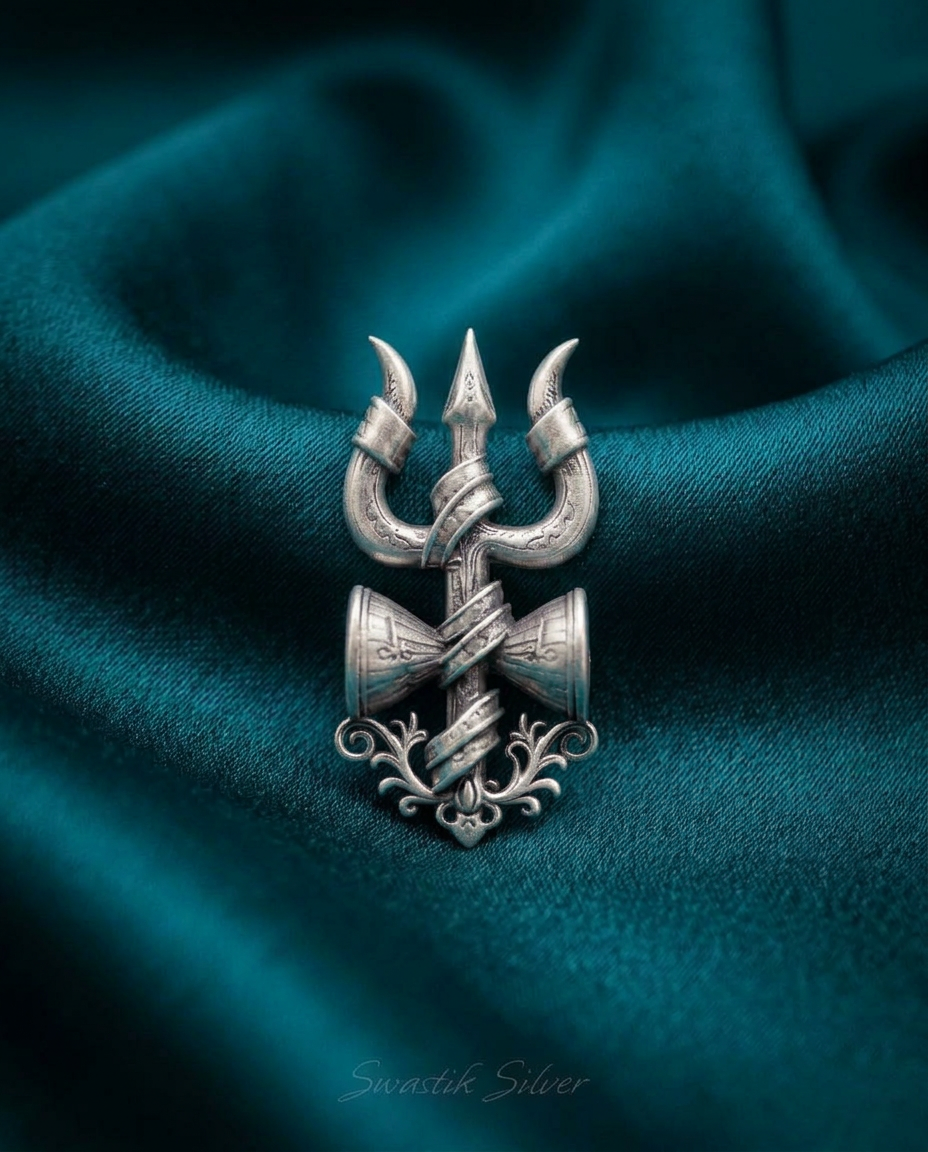Shiva Power Trishul Damru Oxidized Brooch