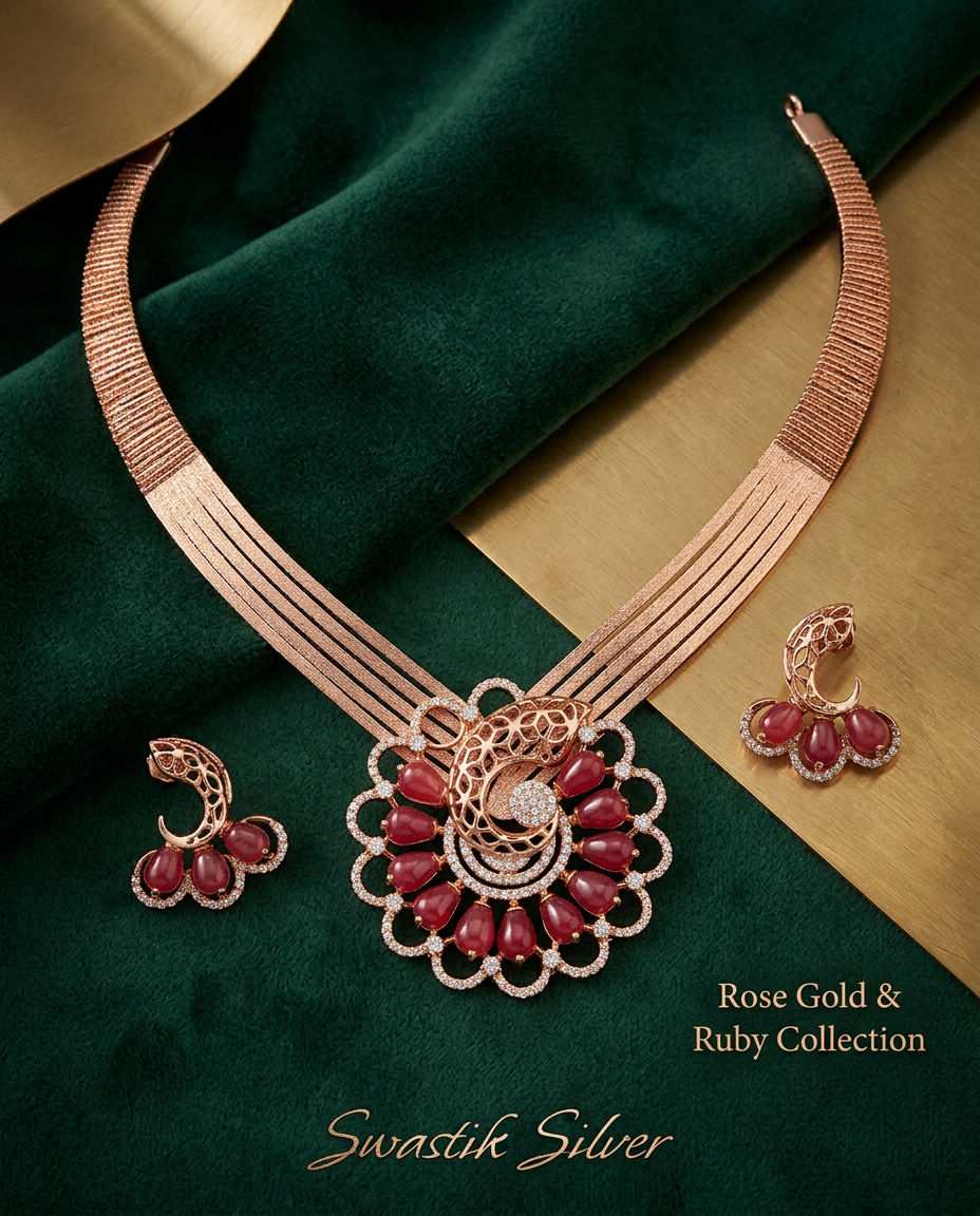 The Majestic Peacock Bloom Rose Gold Necklace Set view 3