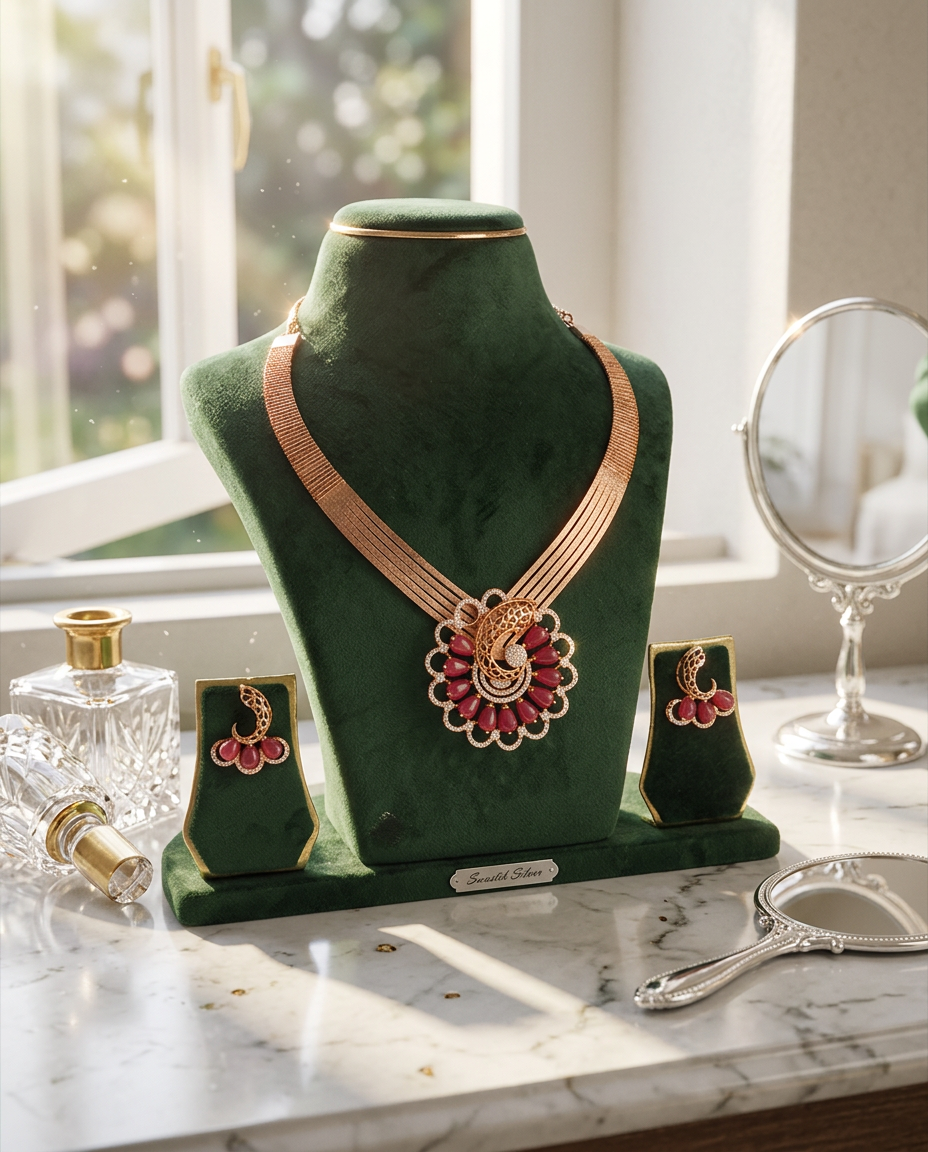 The Majestic Peacock Bloom Rose Gold Necklace Set view 4
