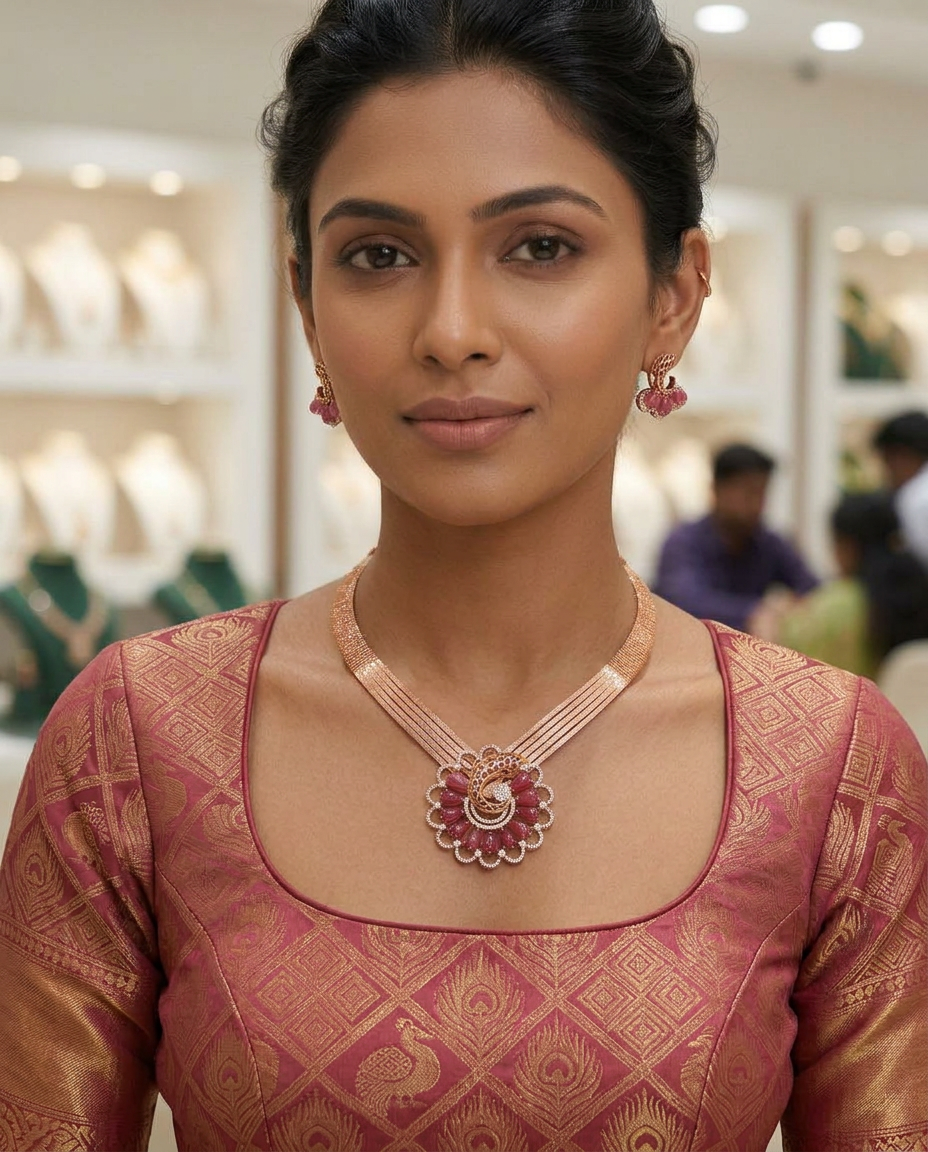 The Majestic Peacock Bloom Rose Gold Necklace Set view 2