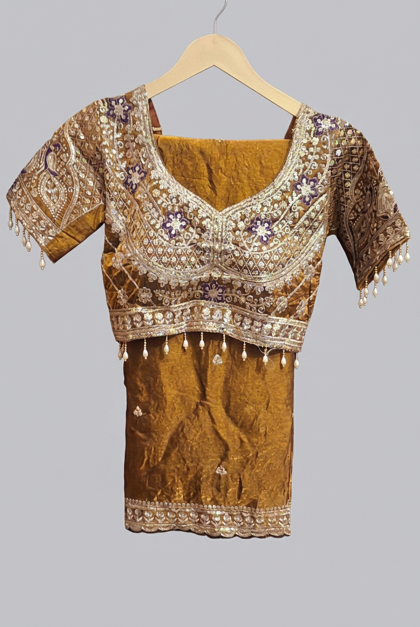 Embellished Golden Blouse Saree view 2