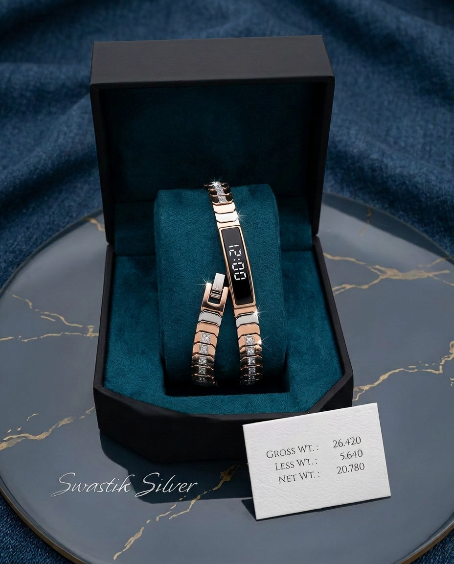 Rose Gold & Silver CZ Studded Digital Bracelet Watch