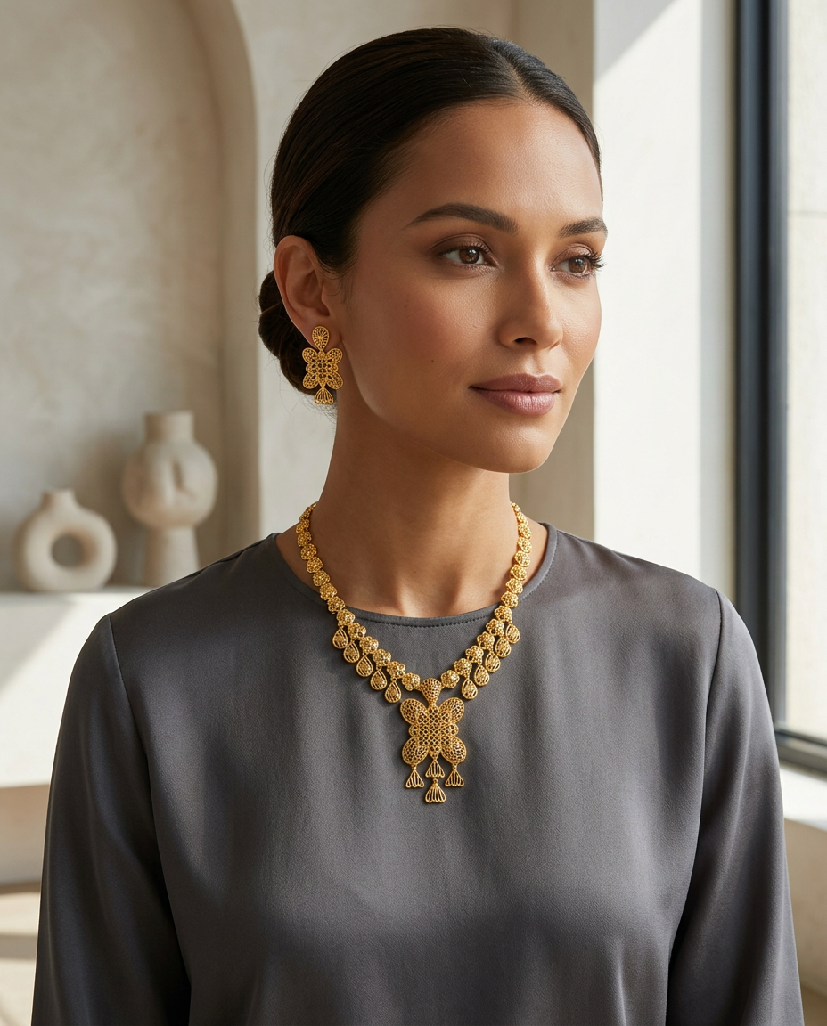 Heritage Gold-Polish Filigree Necklace Set in 925 Silver view 2