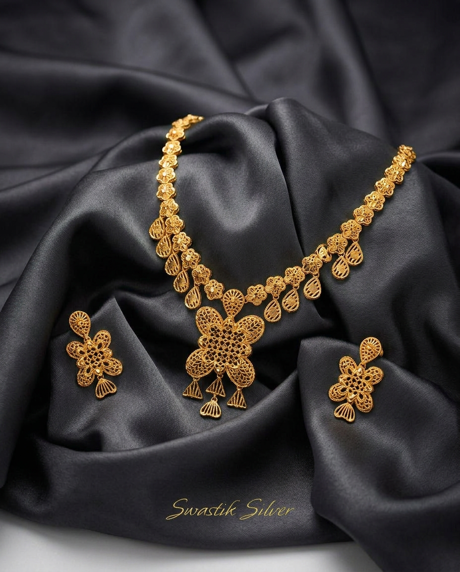 Heritage Gold-Polish Filigree Necklace Set in 925 Silver