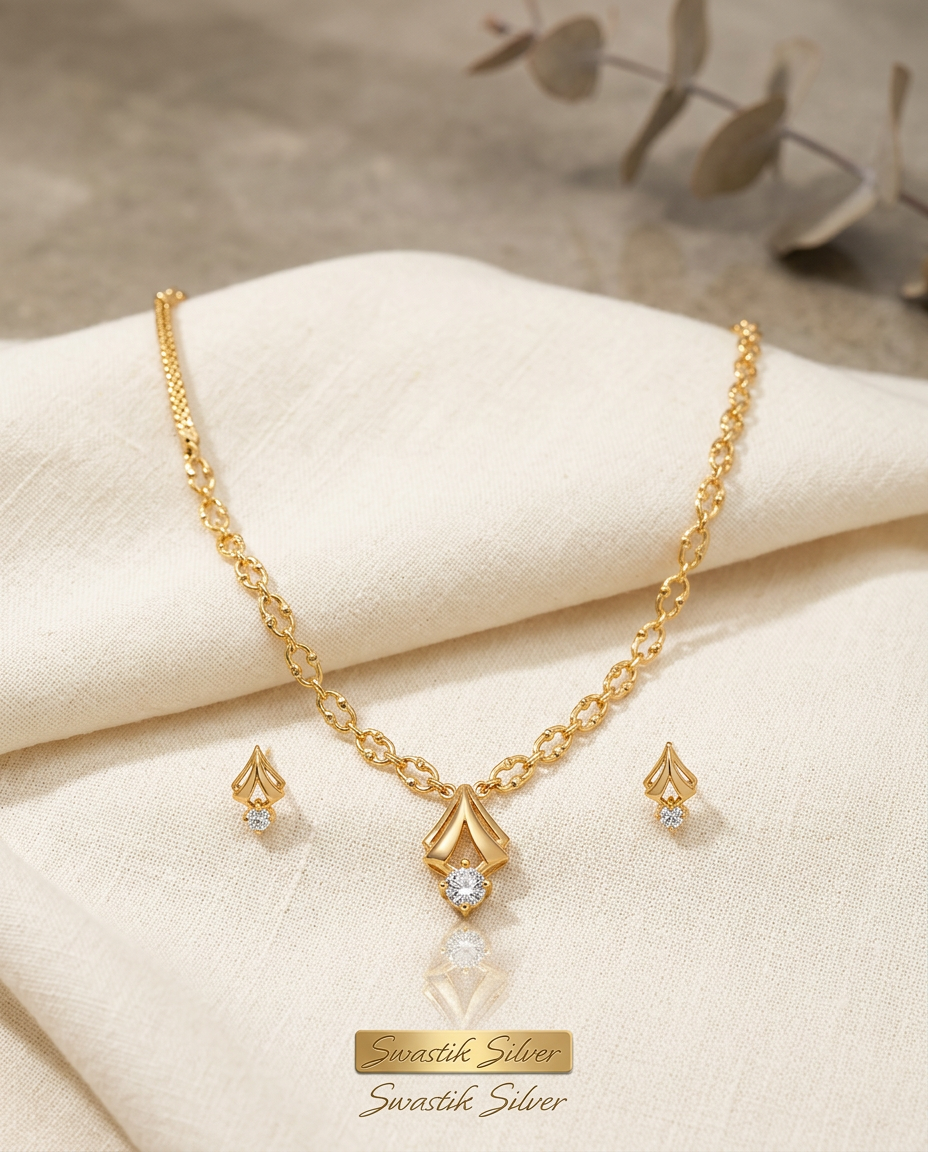 The Golden Prism Solitaire CZ Silver Necklace Set view 4