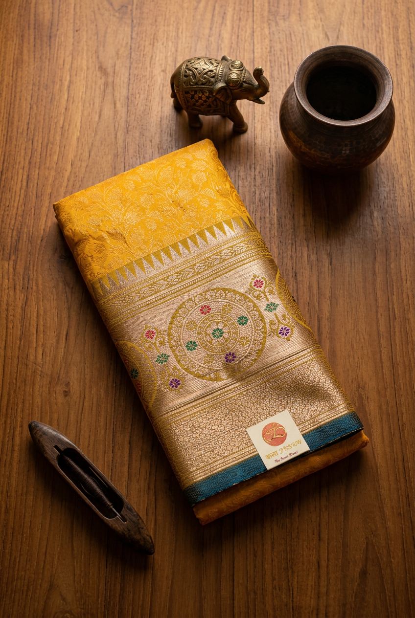 Banarasi Silk Yellow Blue Saree view 2
