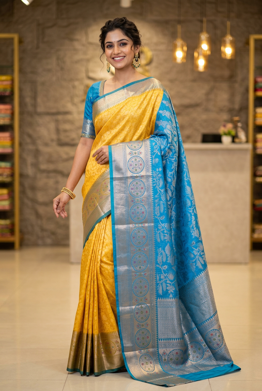 Banarasi Silk Yellow Blue Saree