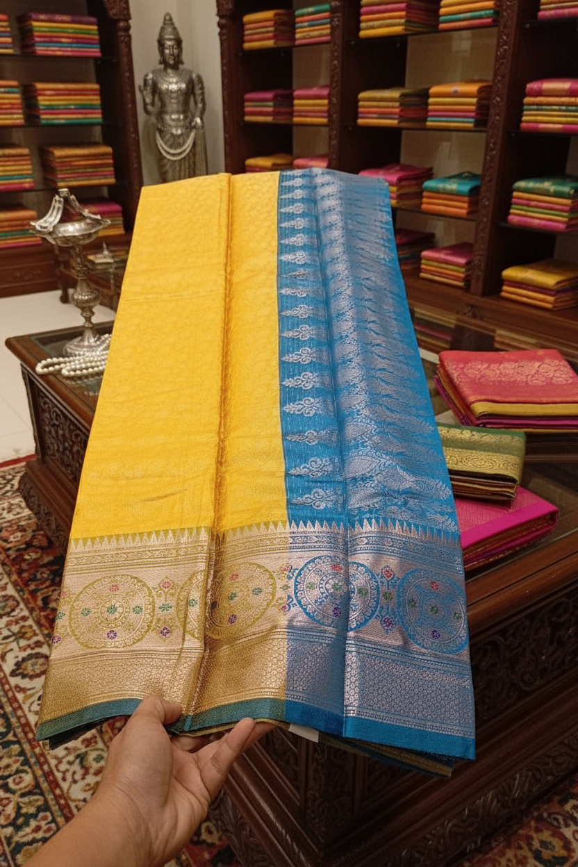 Banarasi Silk Yellow Blue Saree view 3