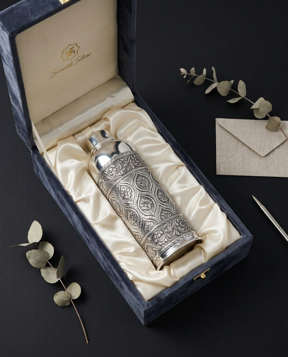 Handcrafted Pure Silver Nakshi Paisley Water Bottle view 2