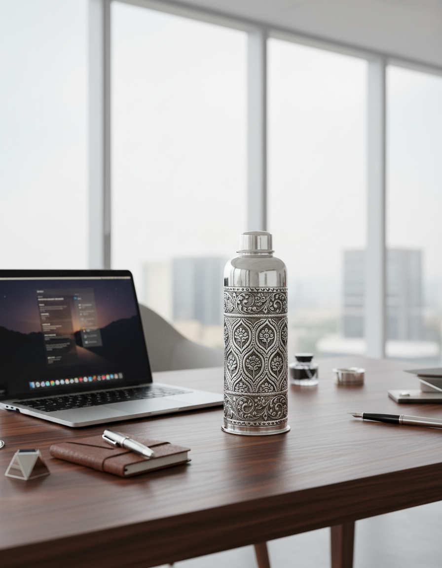 Handcrafted Pure Silver Nakshi Paisley Water Bottle view 3