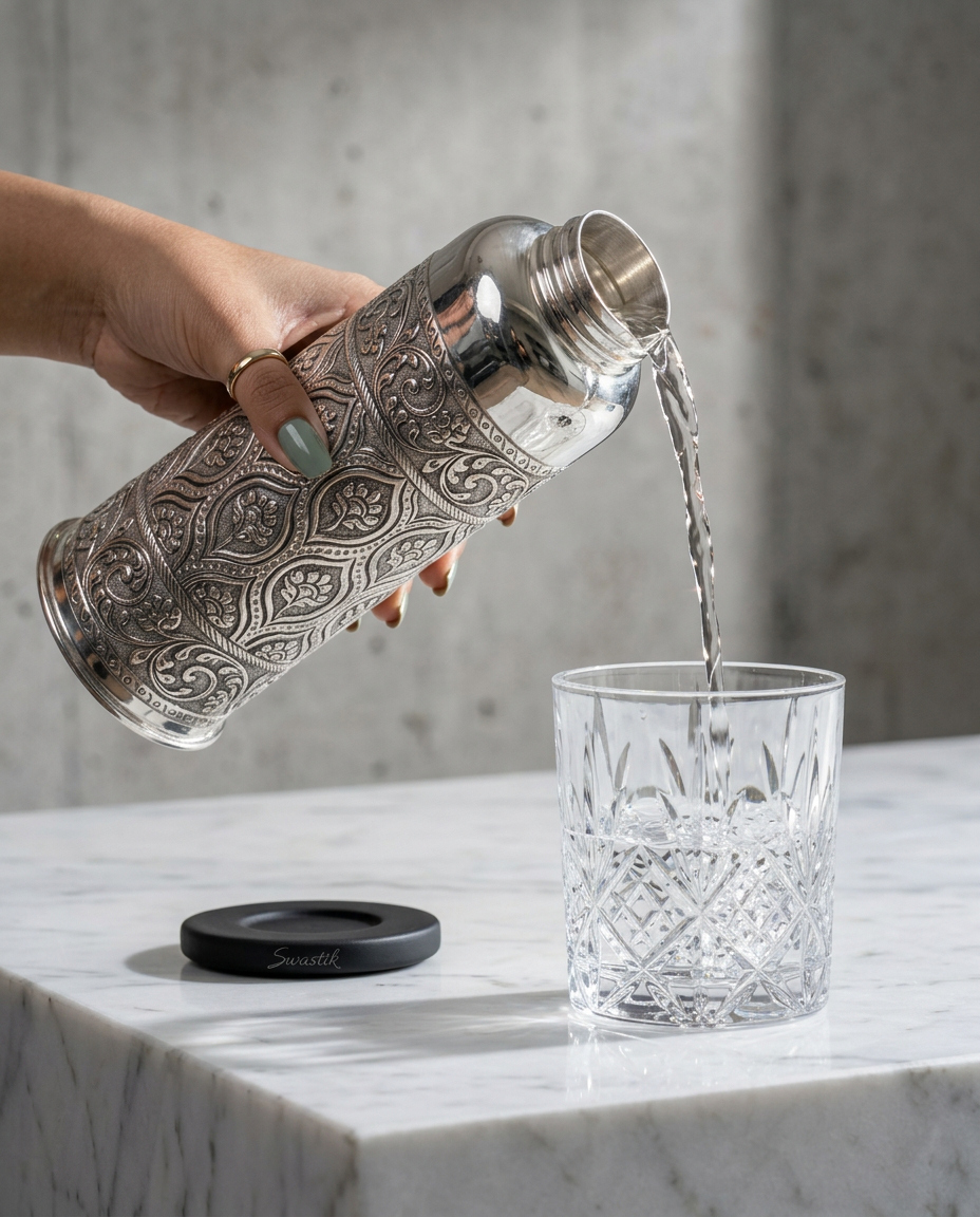 Handcrafted Pure Silver Nakshi Paisley Water Bottle