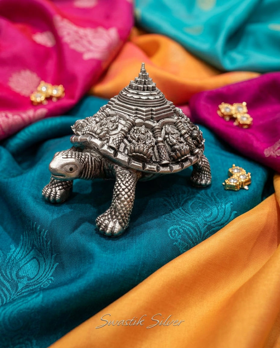 The Divine Kurma Meru Shree Yantra Pure Silver Vastu Tortoise Idol view 2