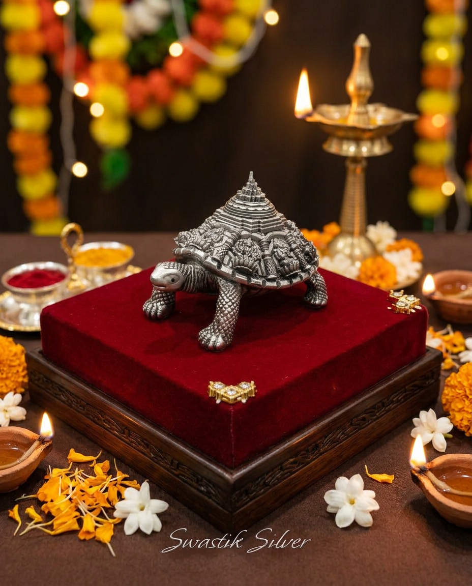The Divine Kurma Meru Shree Yantra Pure Silver Vastu Tortoise Idol