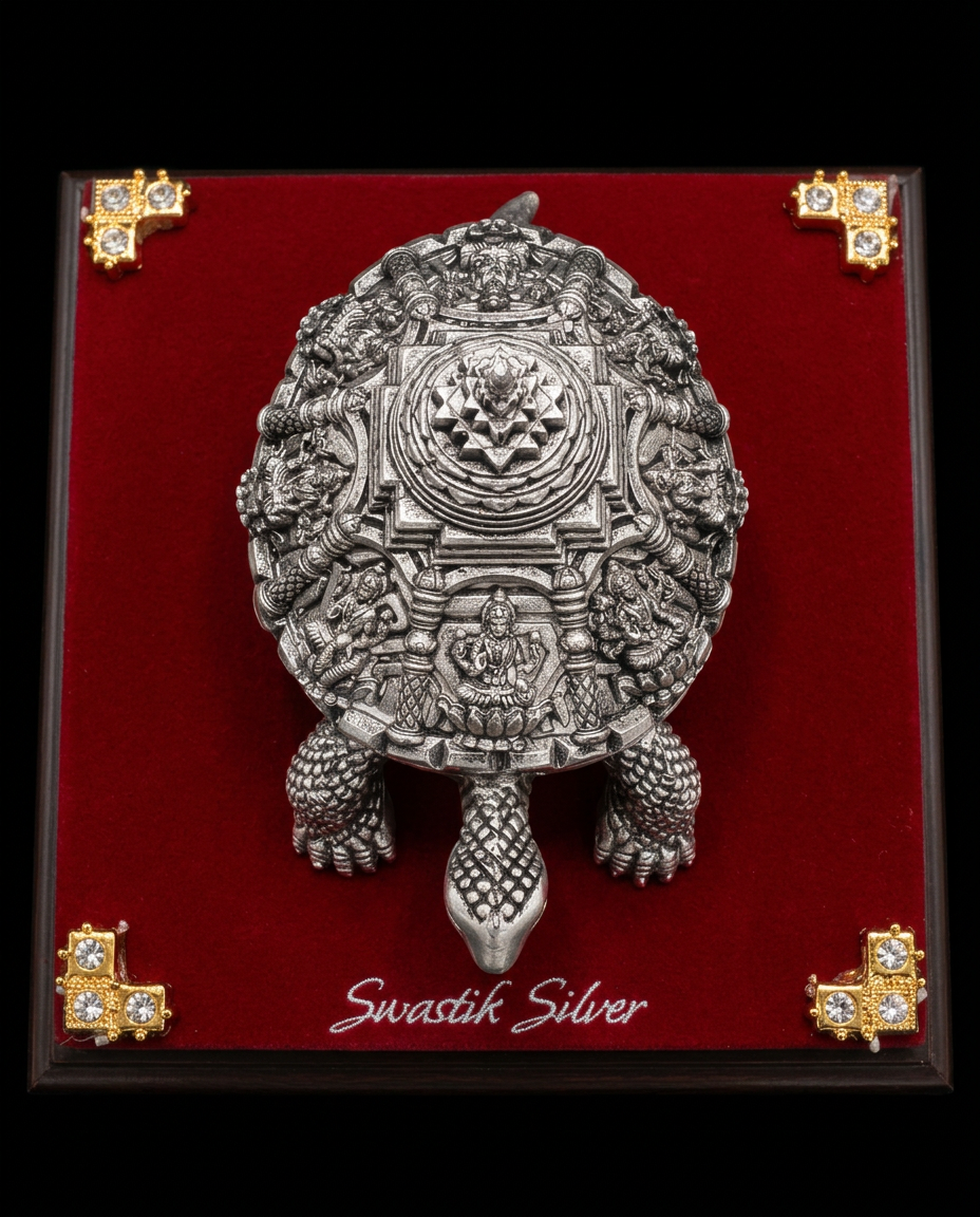 The Divine Kurma Meru Shree Yantra Pure Silver Vastu Tortoise Idol view 6