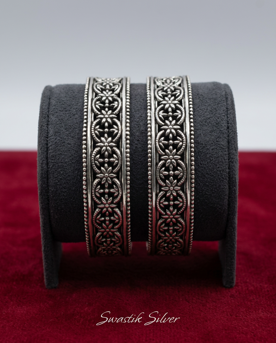 Antique 925 Silver Lattice Floral Openwork Bangles view 3