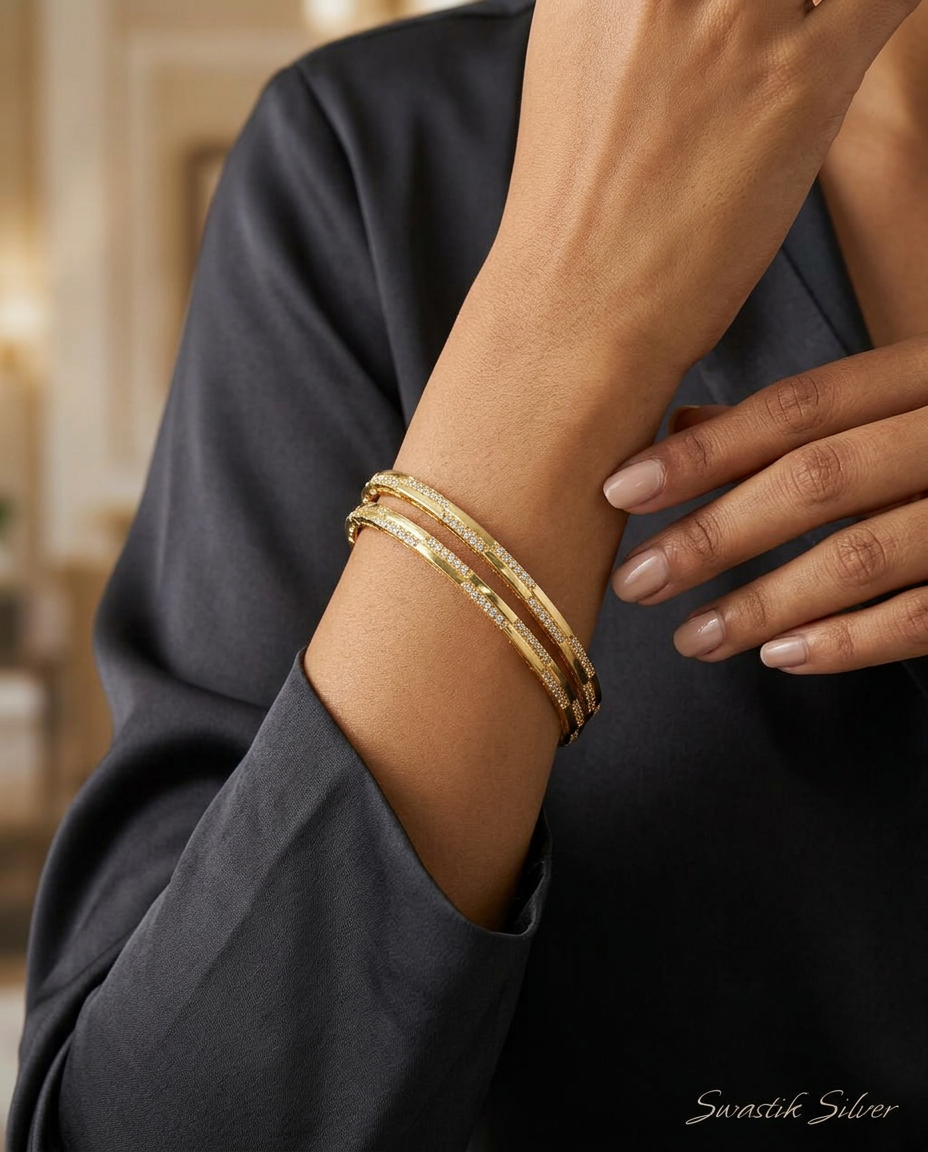 The Luminary Gold-Polish CZ Sleek Silver Bangles view 5