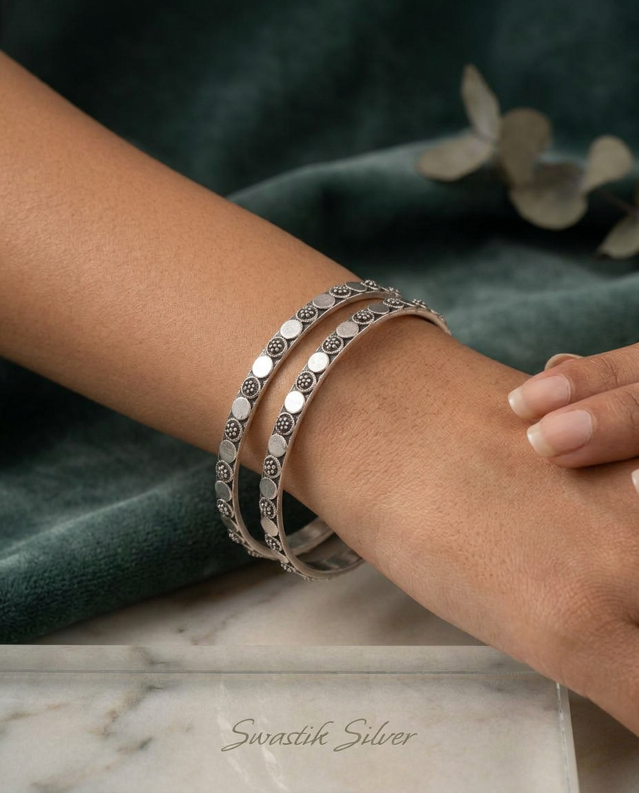 The Tribal Mandala Disc Oxidized Silver Bangles Pair view 2