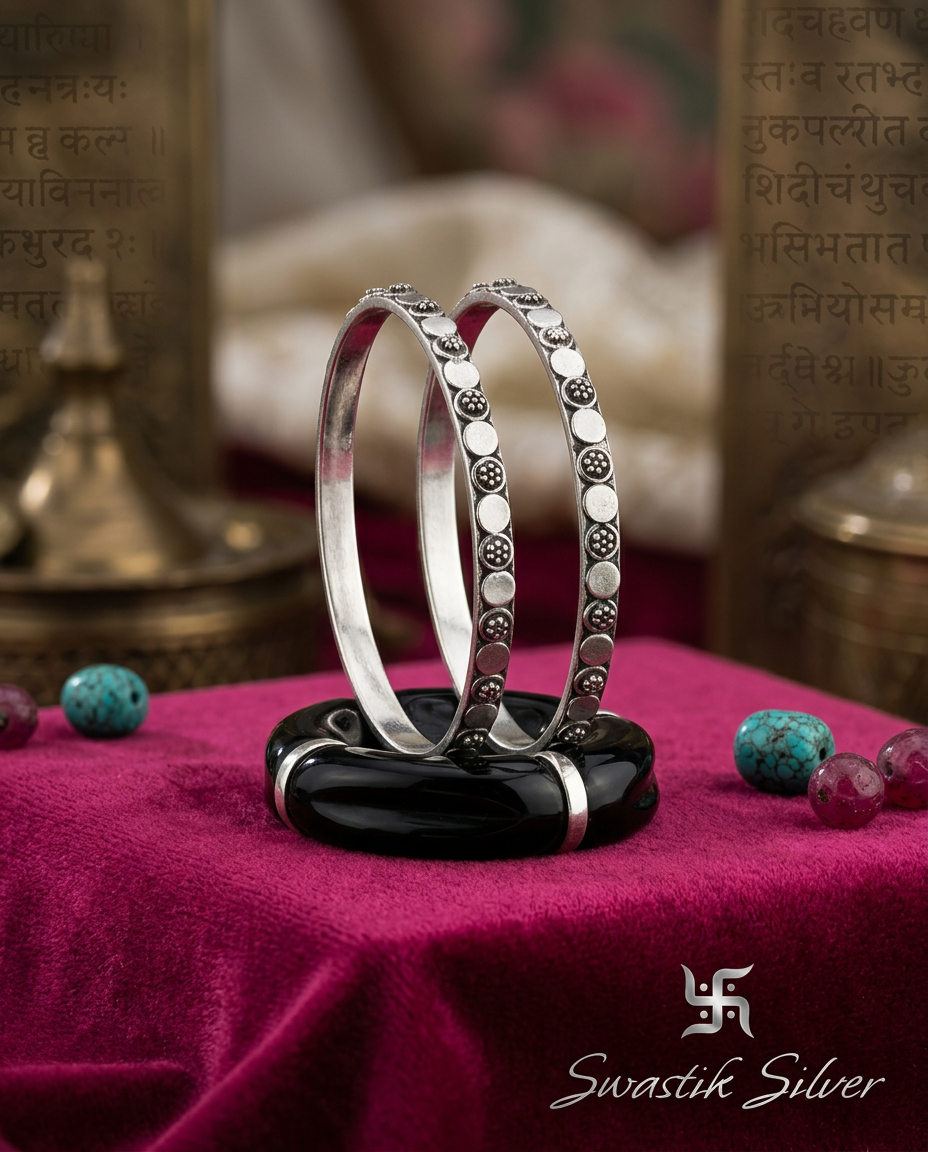 The Tribal Mandala Disc Oxidized Silver Bangles Pair view 3