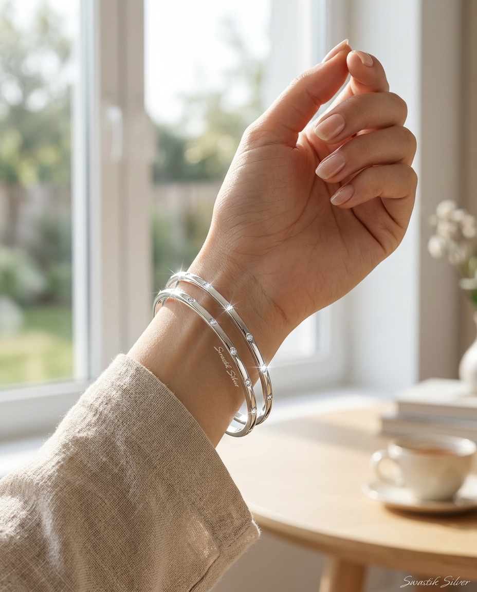 The Stardust Sleek Silver CZ Bangle Pair view 3
