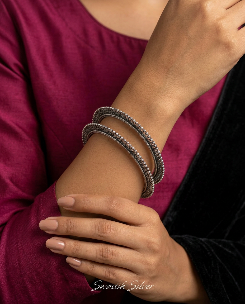 925 Sterling Silver Oxidized Filigree Sunflare Bangles view 4